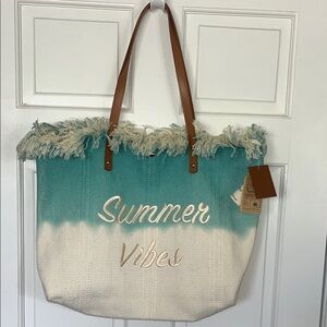 Lucky7 Summer Vibes Teal and Cream Tote Bag With Fringe